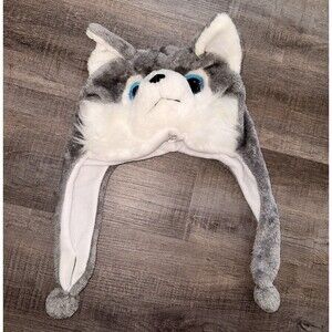Critter Caps Big Eyes Husky Fleece Ear Flap Hat Pom-Poms Gray/White One Size